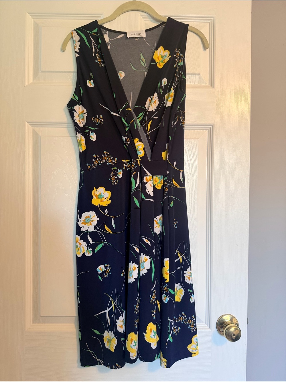 Kensie Navy Faux Floral Wrap Dress - Yellow & White Bloom